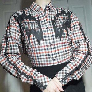 The Scarecrow, a red, orange, black & white cotton  checkered button-down shirt